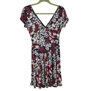 Kaileigh Floral Faux-Wrap V-Neck Knit Dress Cap-Sleeve Sz. S
